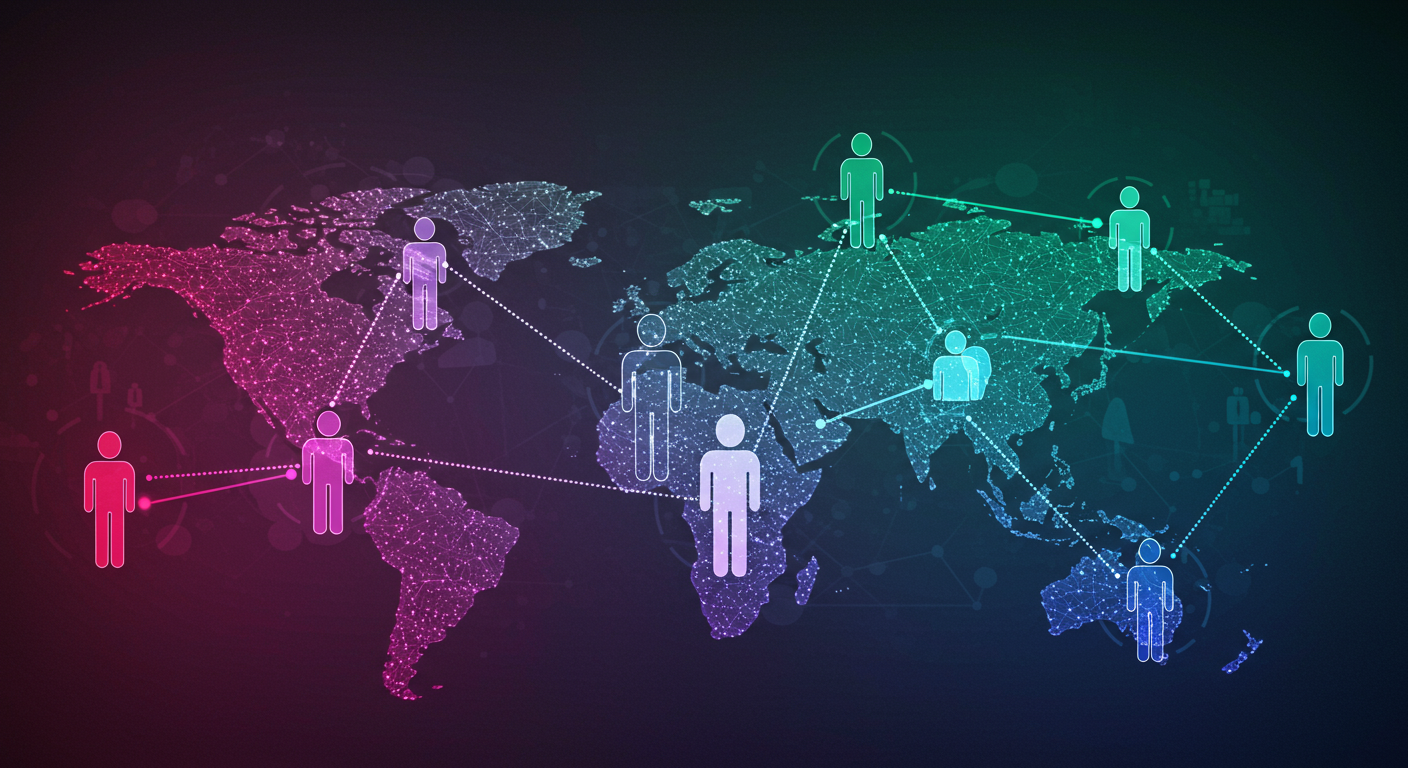 Abstract image of diverse global team members communicating effectively, with AI neural network patterns overlaid, symbolizing AI-enhanced communication